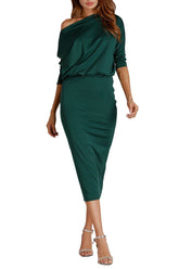 Dunkelgrünes, kurzärmliges, figurbetontes Kleid
